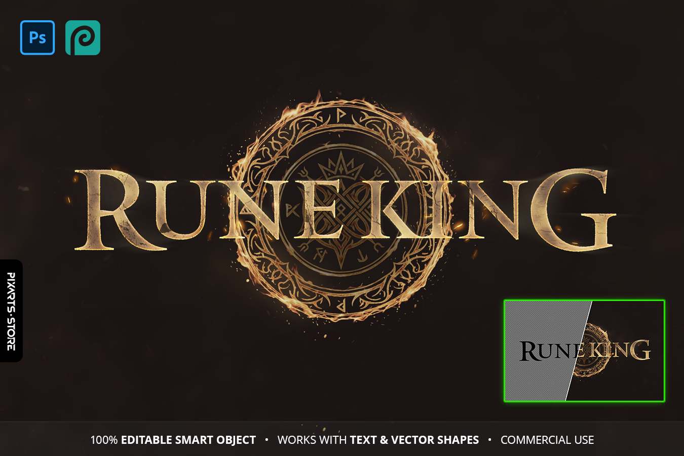 Rune King dark fantasy Souls-like game logo template with tarnished gold text effect, glowing ancient rune circle emblem and cinematic dark background