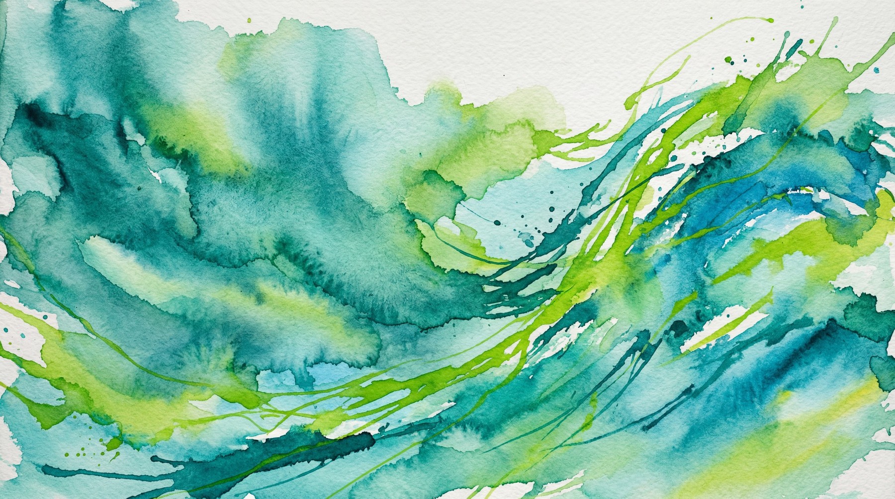 Abstract watercolor painting with dynamic splashes and washes in emerald green, deep teal, and light blue hues, creating a sense of flowing water or organic growth.
