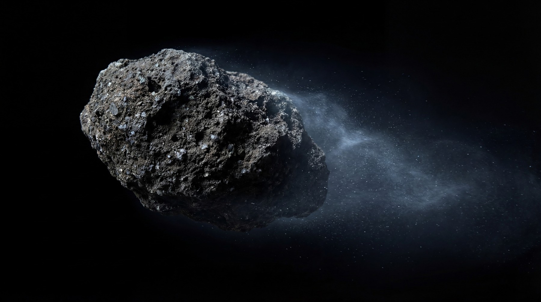 A single, rough, dark grey asteroid with visible craters and crystalline inclusions, emitting a wispy trail of dust and particles into the void.