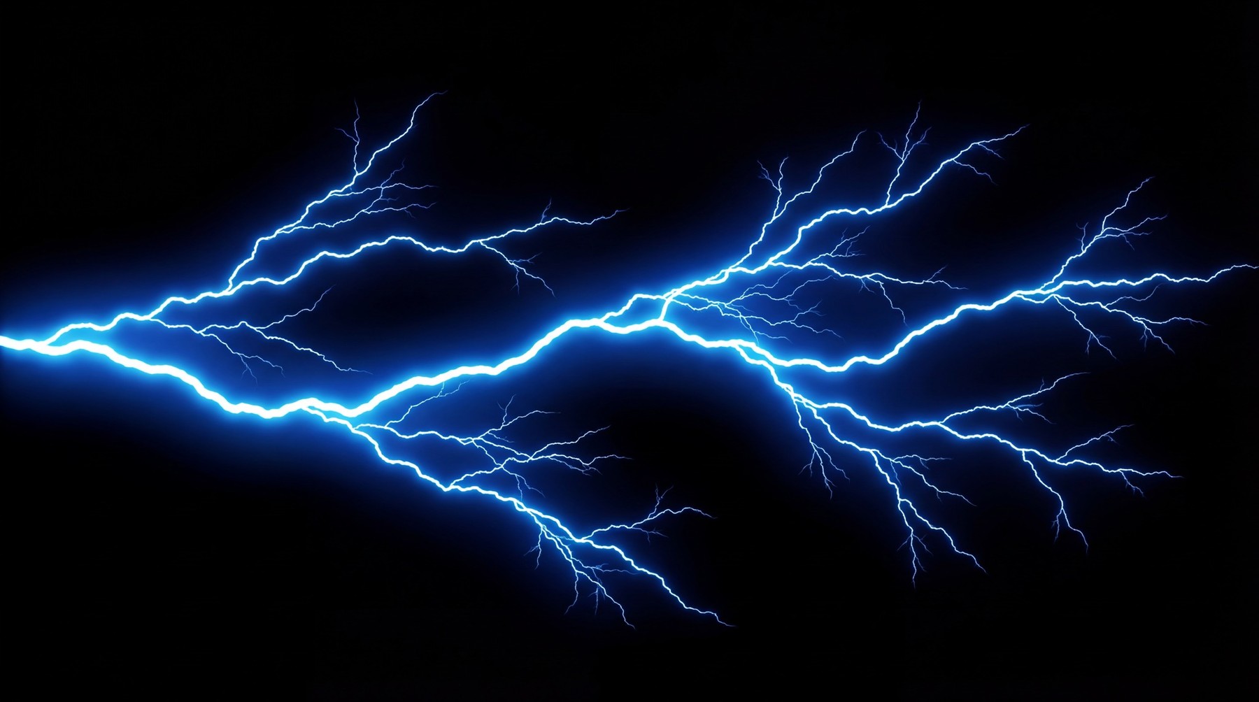 Vibrant electric blue lightning arc with extensive branching patterns against a black background.