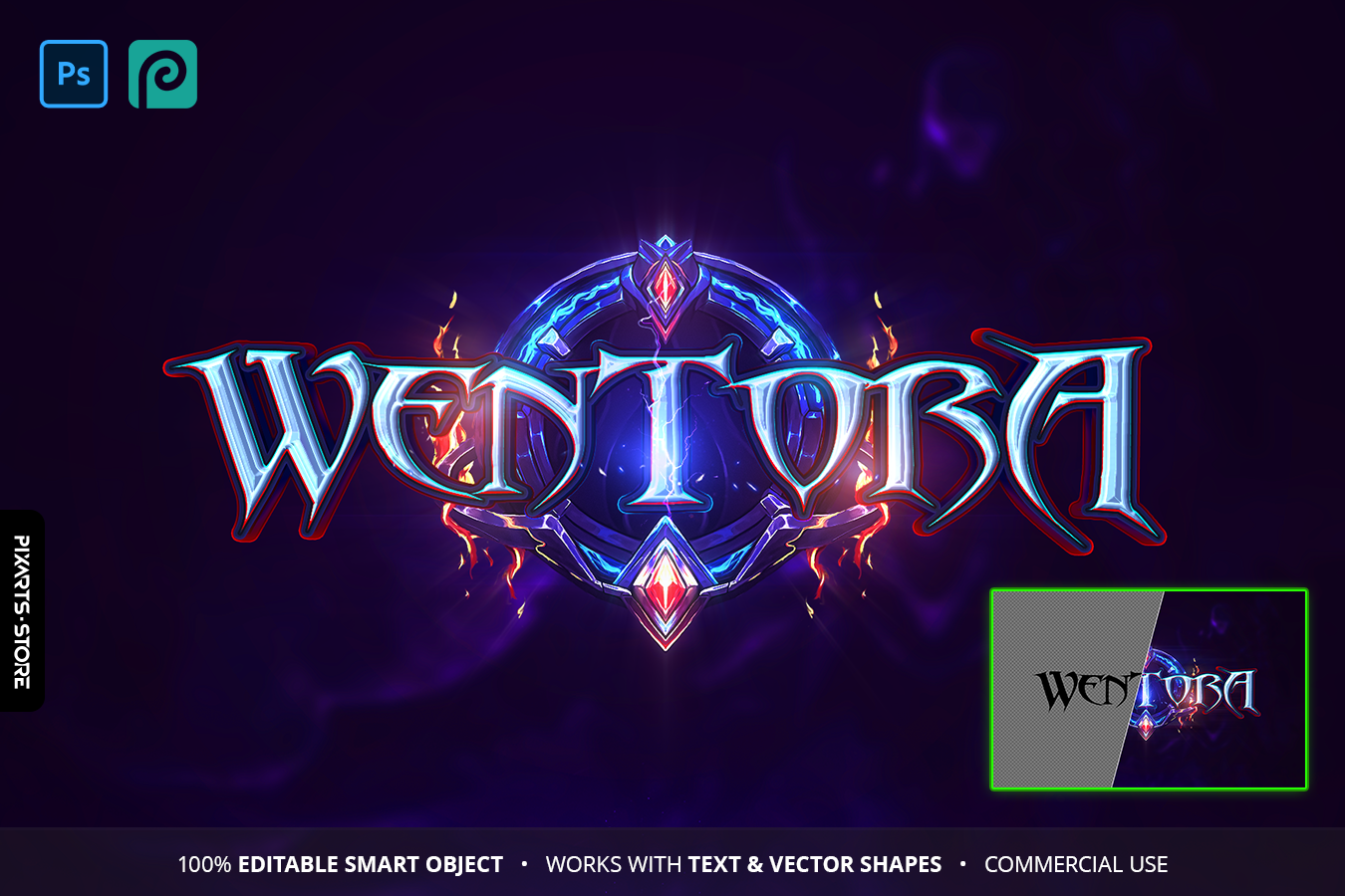 Wentora dark blue fantasy MMORPG game logo template with hand-drawn circular emblem, magic lightning and glowing text effect