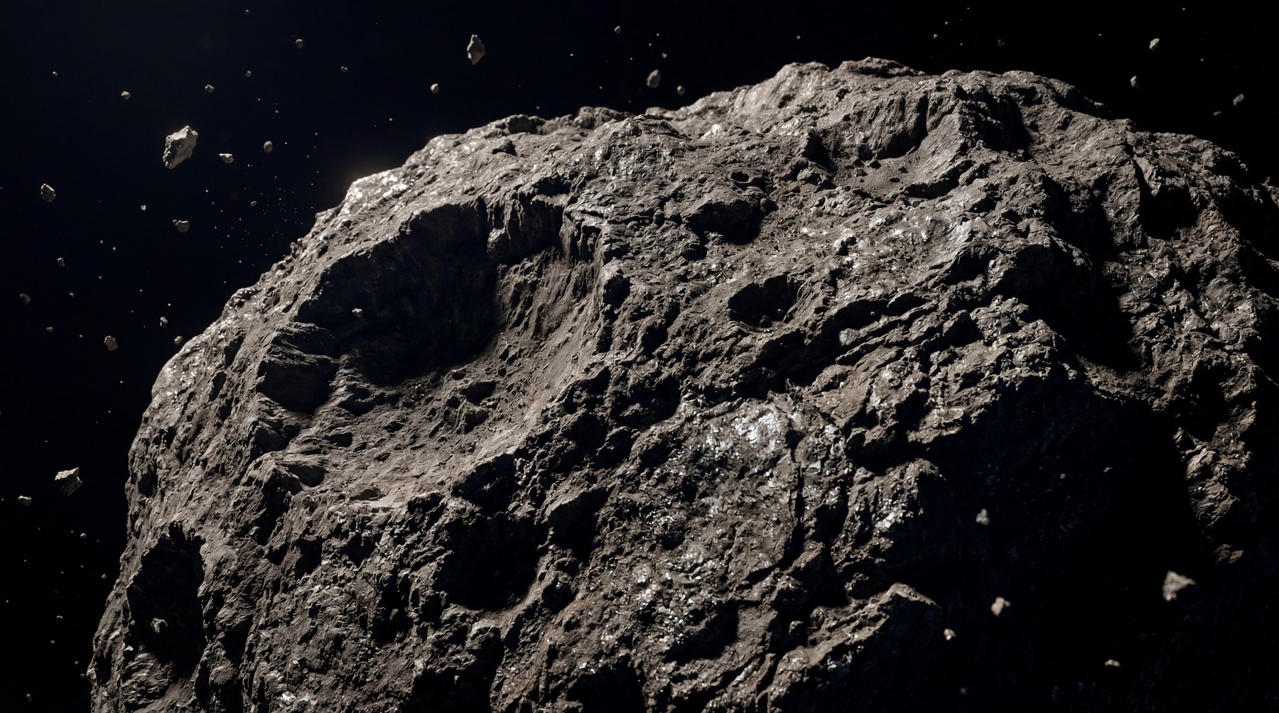 A large, rough, heavily cratered asteroid dominates the foreground, with smaller debris fragments scattered in the dark background.