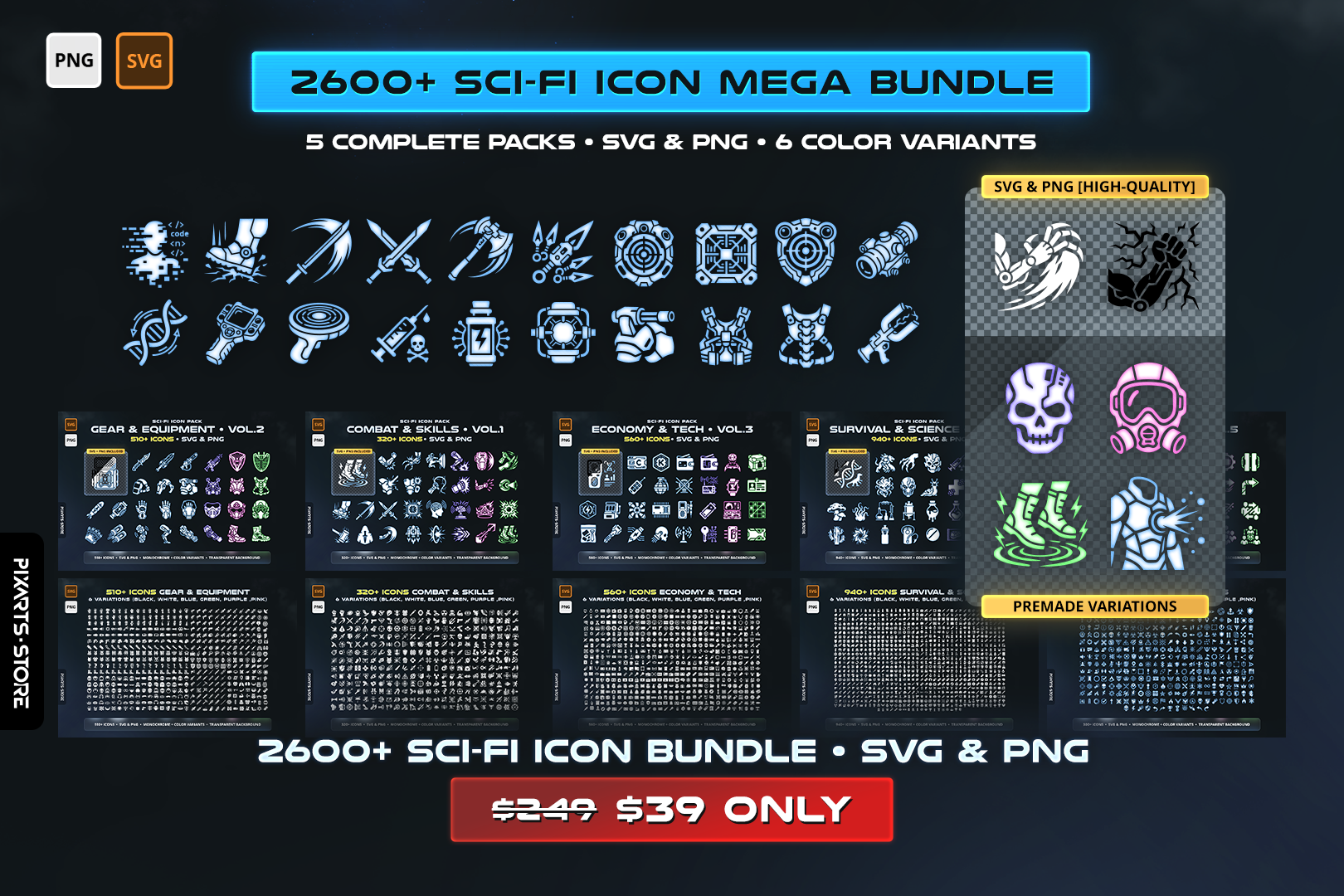Ultimate Sci-Fi Game Icon Mega Bundle Vol.1-5 cover showing 2600+ cyberpunk icons including combat skills, gear, weapons, inventory items and UI essentials in SVG and PNG format with 6 color variants