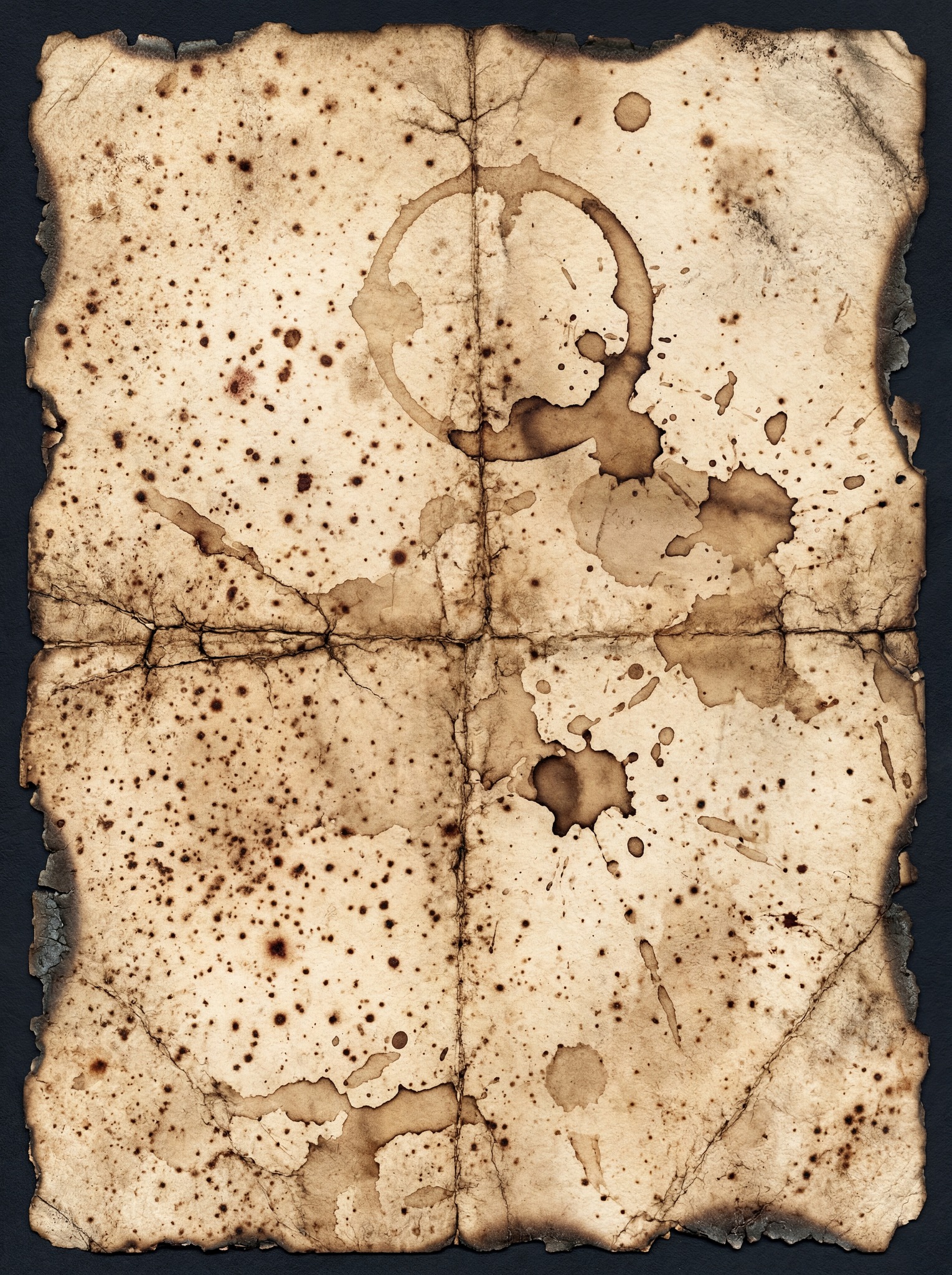 A textured, aged parchment paper surface with prominent ink splatters, water stains, and burned edges. The paper is folded, creating visible creases and cracks. The overall color palette is sepia and yellowed.