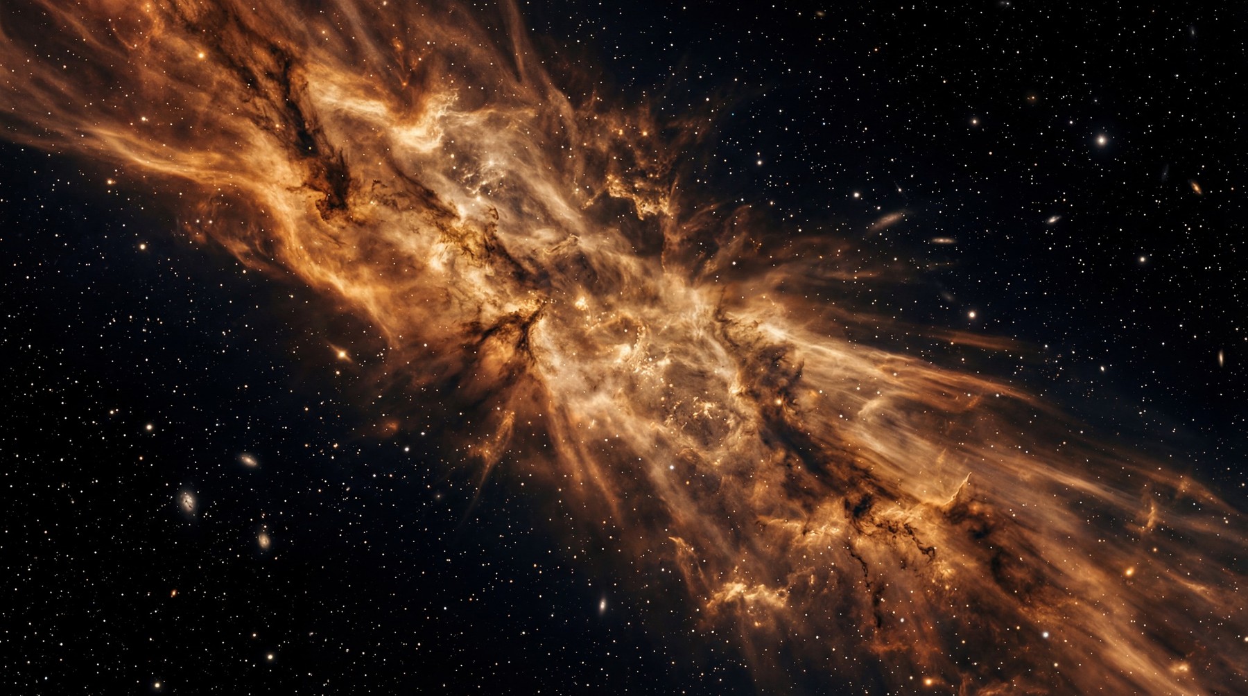 A vibrant nebula filled with swirling clouds of fiery orange and amber light, set against a deep black expanse dotted with numerous stars and faint galaxies.
