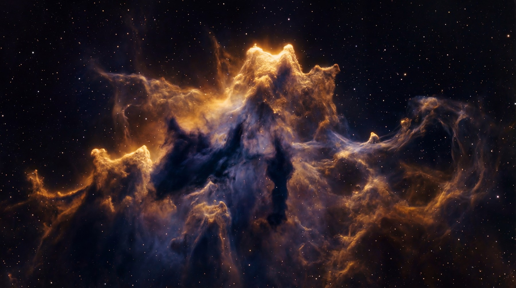 A cosmic vista featuring towering, incandescent nebula formations with fiery orange and golden hues, set against a deep, star-speckled dark blue void. Darker, cooler blue-purple clouds intermingle with the intense warmth, creating dramatic depth and texture.