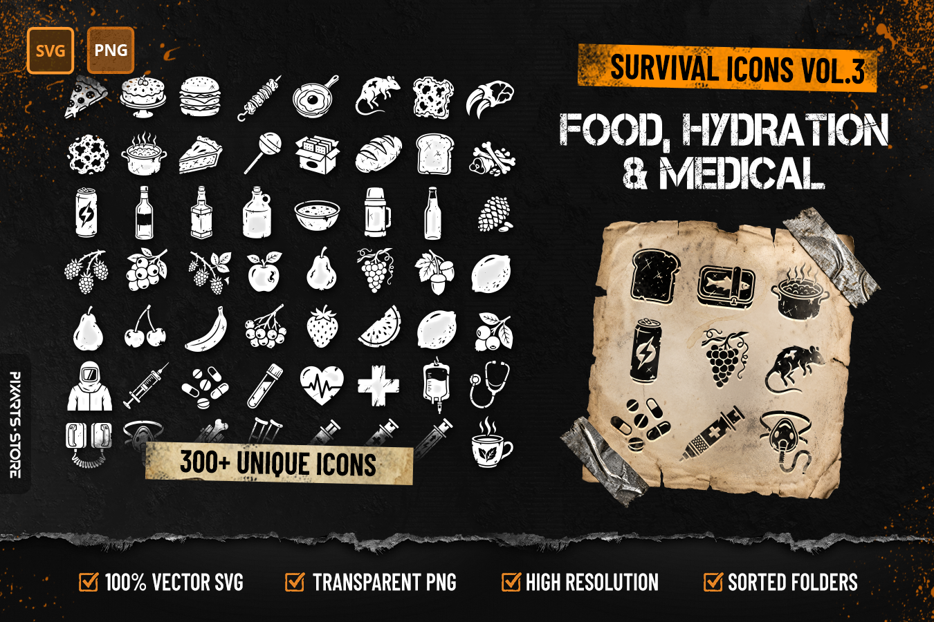 Survival Icons Vol.3 Food, Hydration & Medical cover showing 300+ survival icons including food items, drinks, fruits and medical supplies in SVG and PNG format