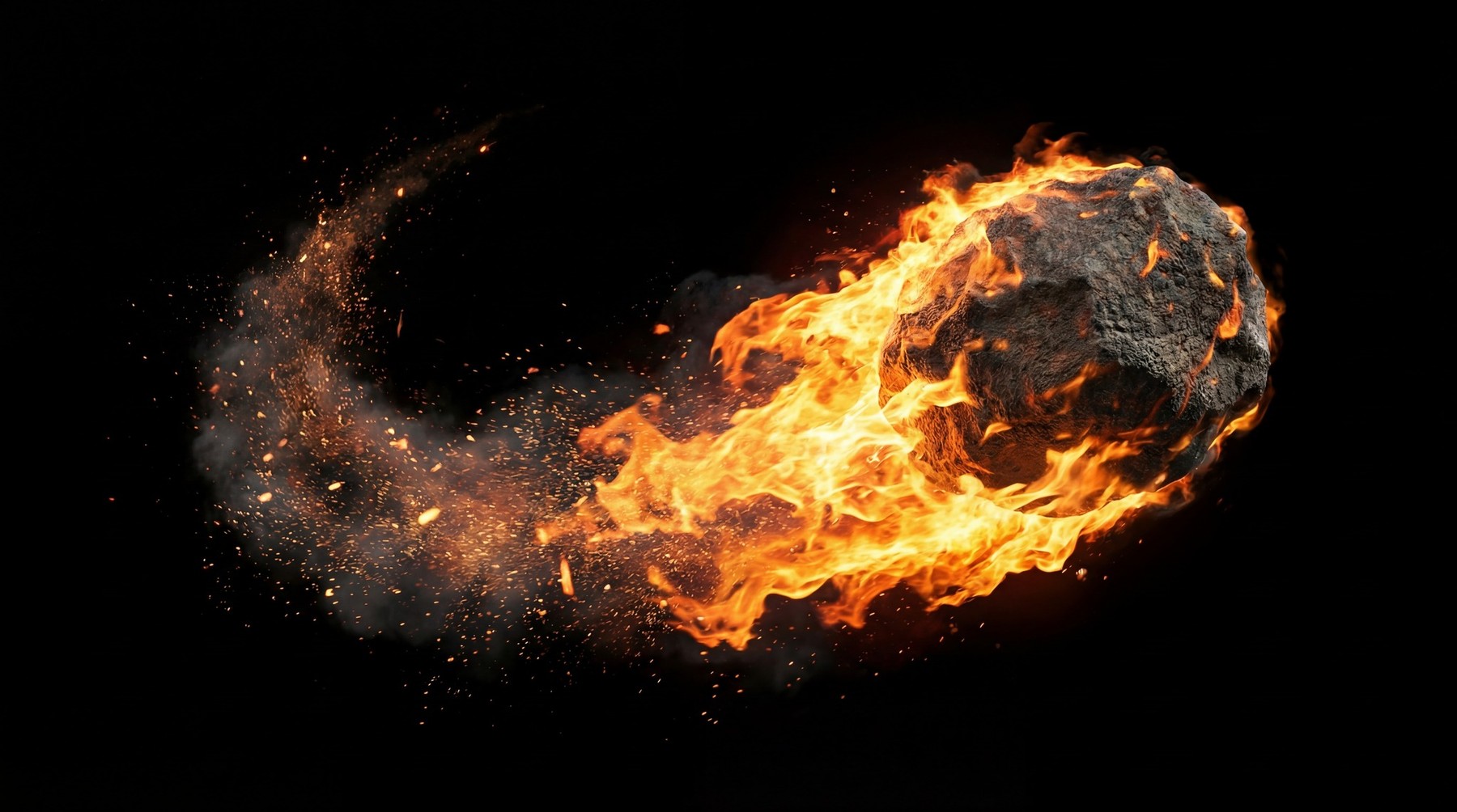 A single, large meteor burning intensely with a vibrant orange and yellow fiery trail, scattering glowing embers and smoke against a black background.