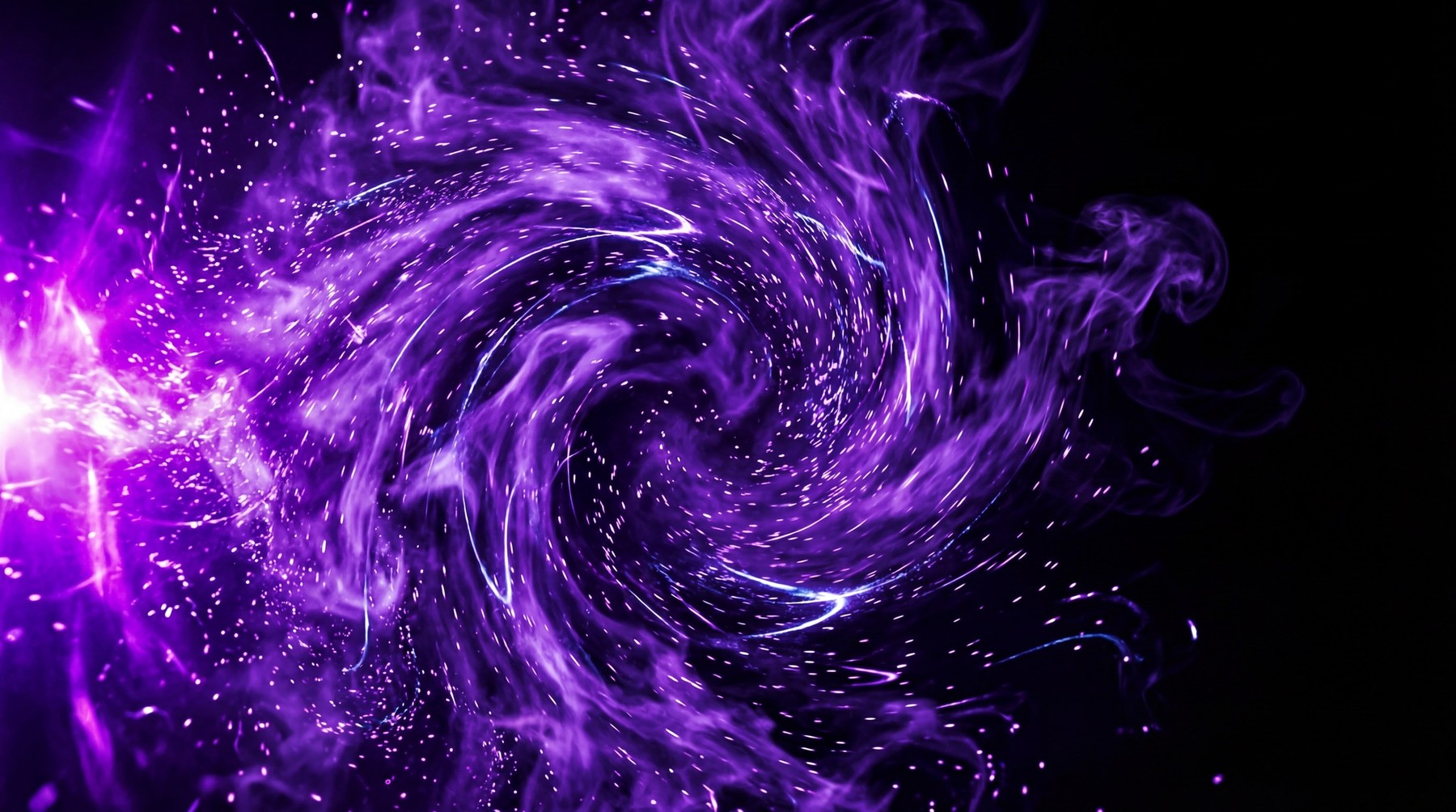 A dynamic vortex of deep purple mist filled with swirling, shimmering particles and glowing white streaks against a black background.