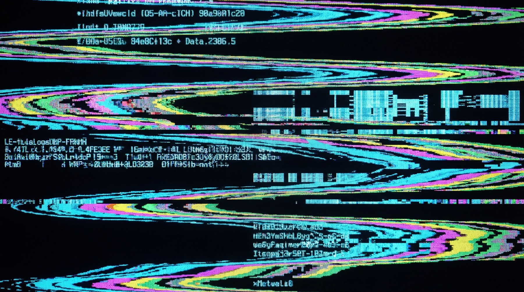 Abstract digital glitch art with vibrant, corrupted scanlines and pixelated data.