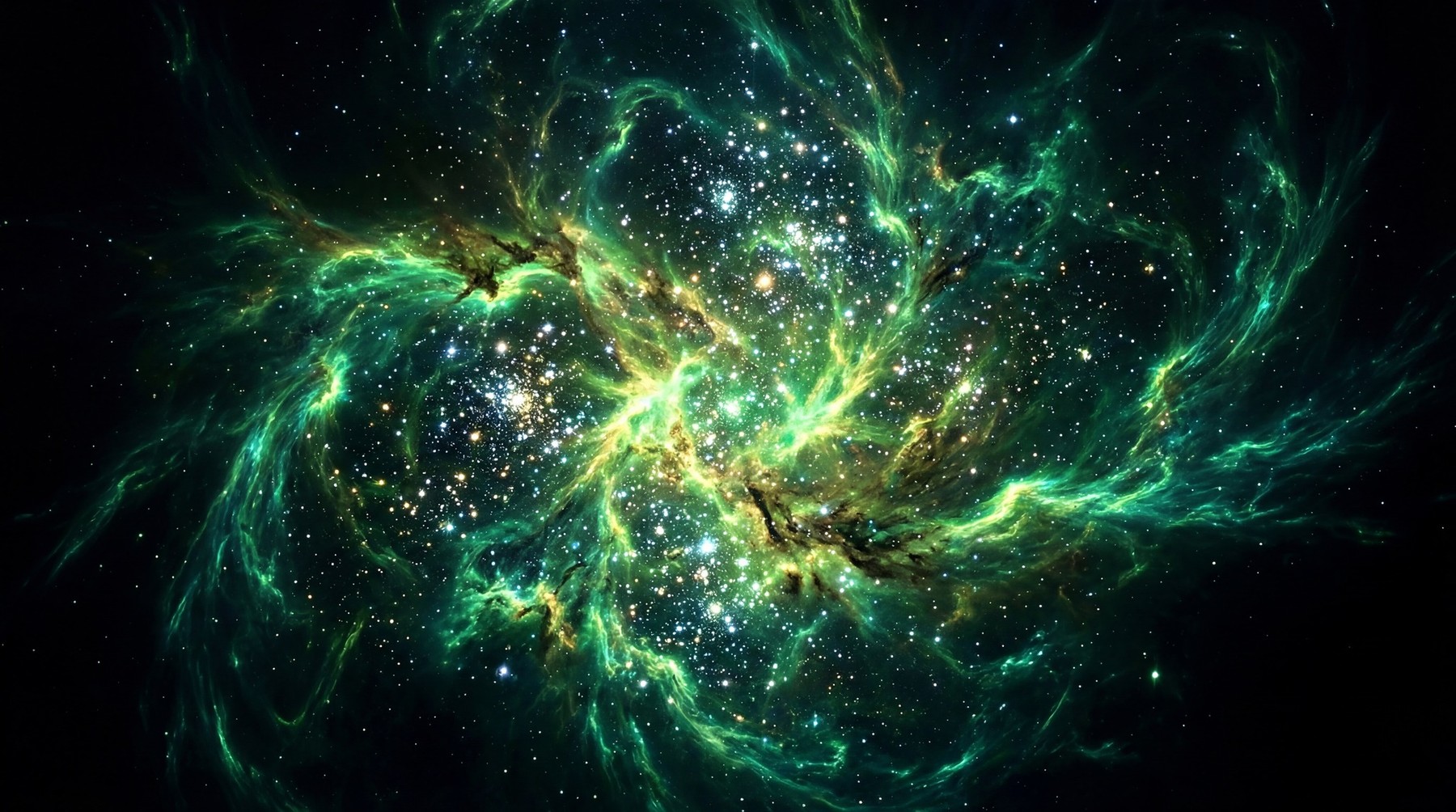 A swirling emerald green and yellow nebula filled with numerous bright white star clusters against a black background.