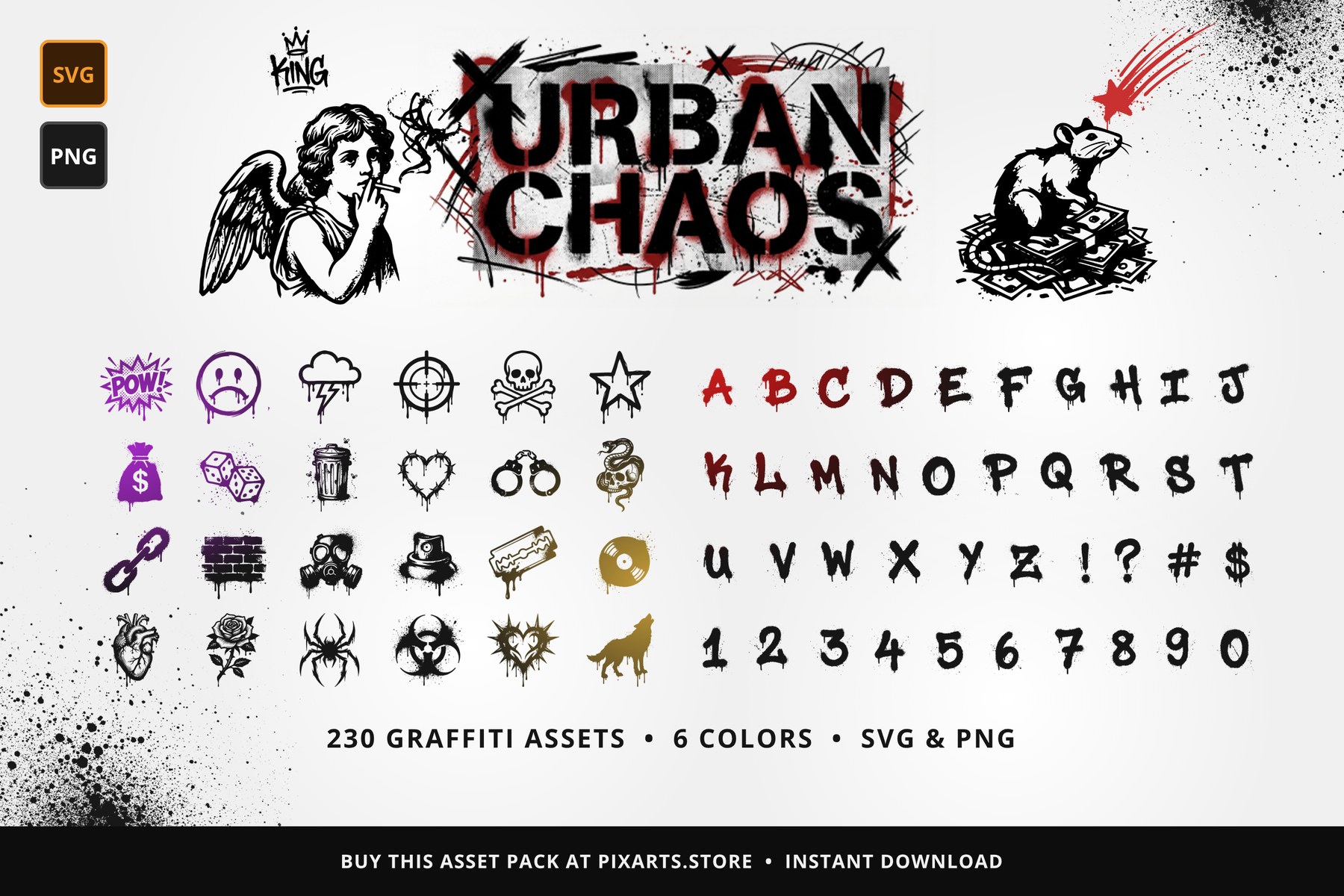 Urban Chaos graffiti elements pack cover – spray-paint smoking angel, KING tag, rat and comet street art vectors