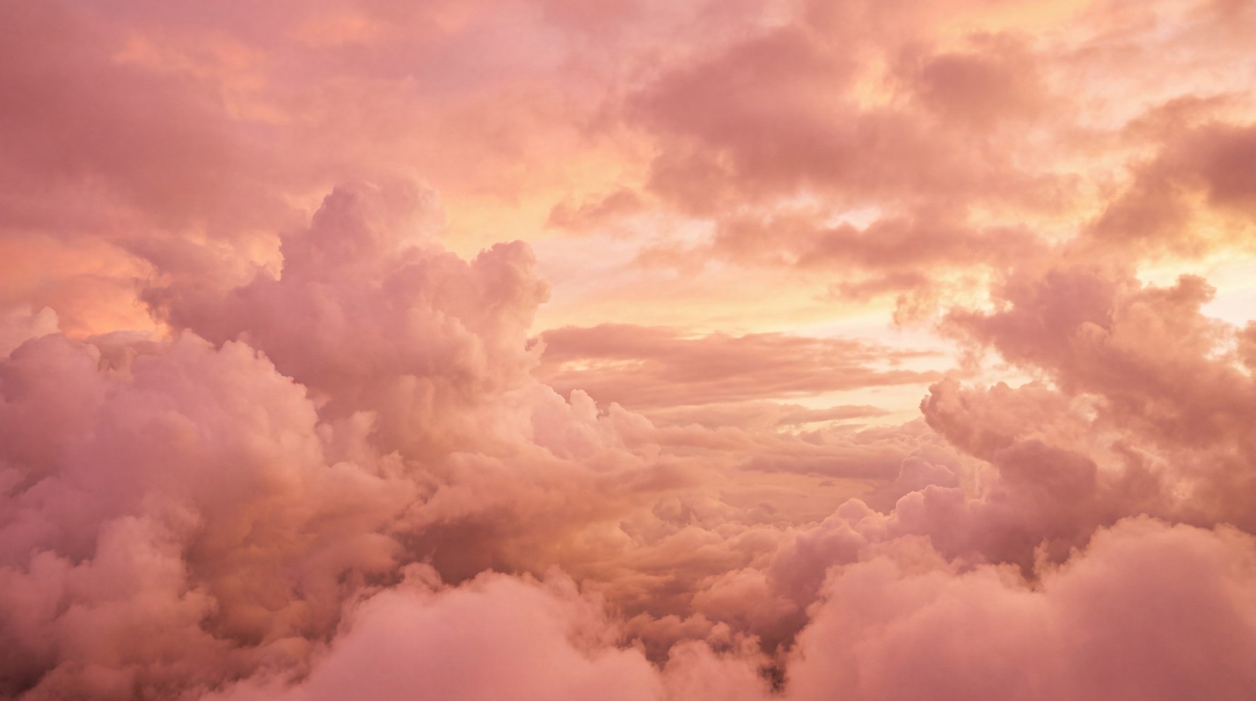 A vast expanse of fluffy, cotton-like clouds illuminated by the warm hues of a sunset.
