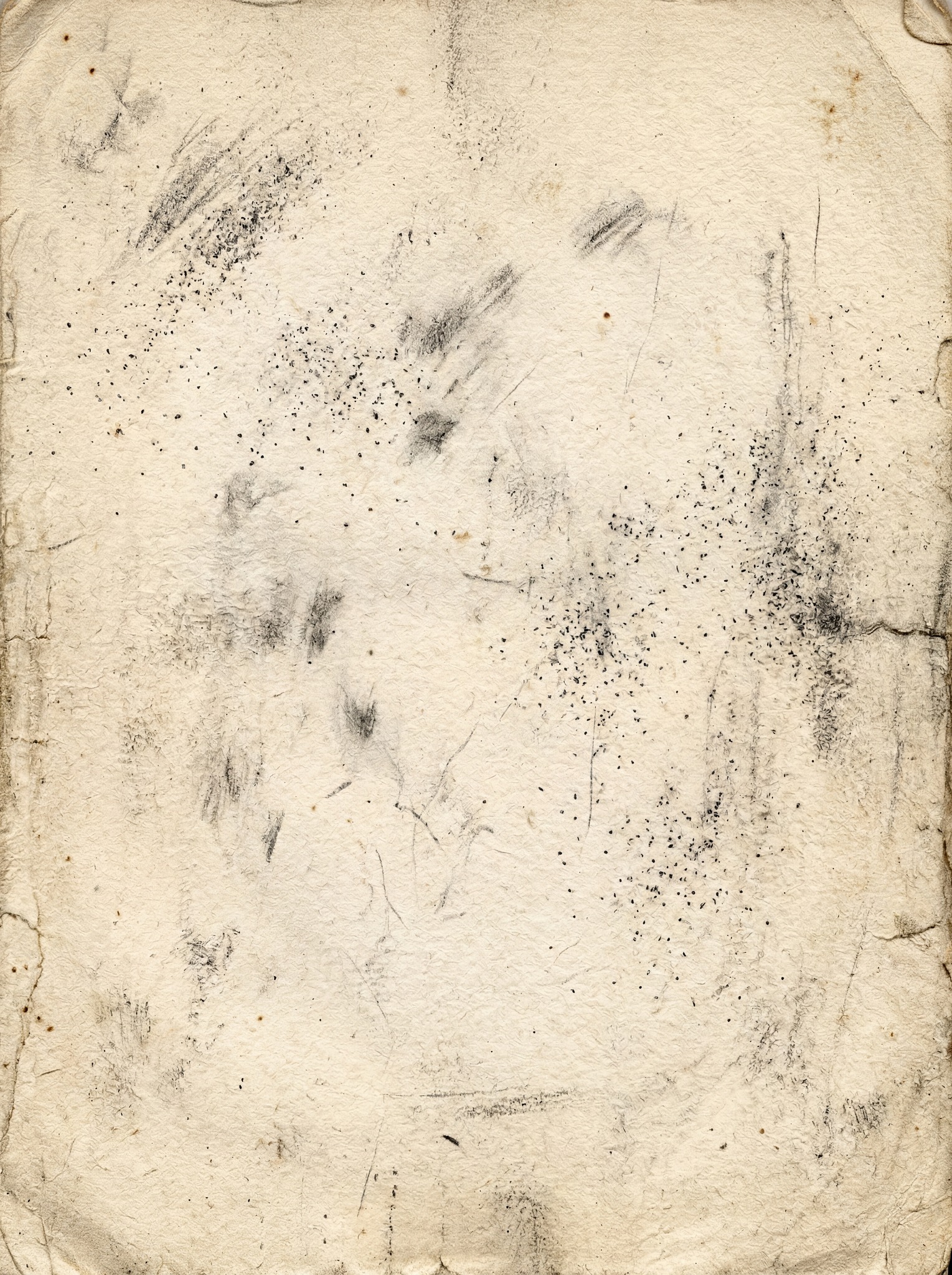 A vintage, off-white paper texture with visible dark ink splatters and smudges, subtle creases, and edge wear.