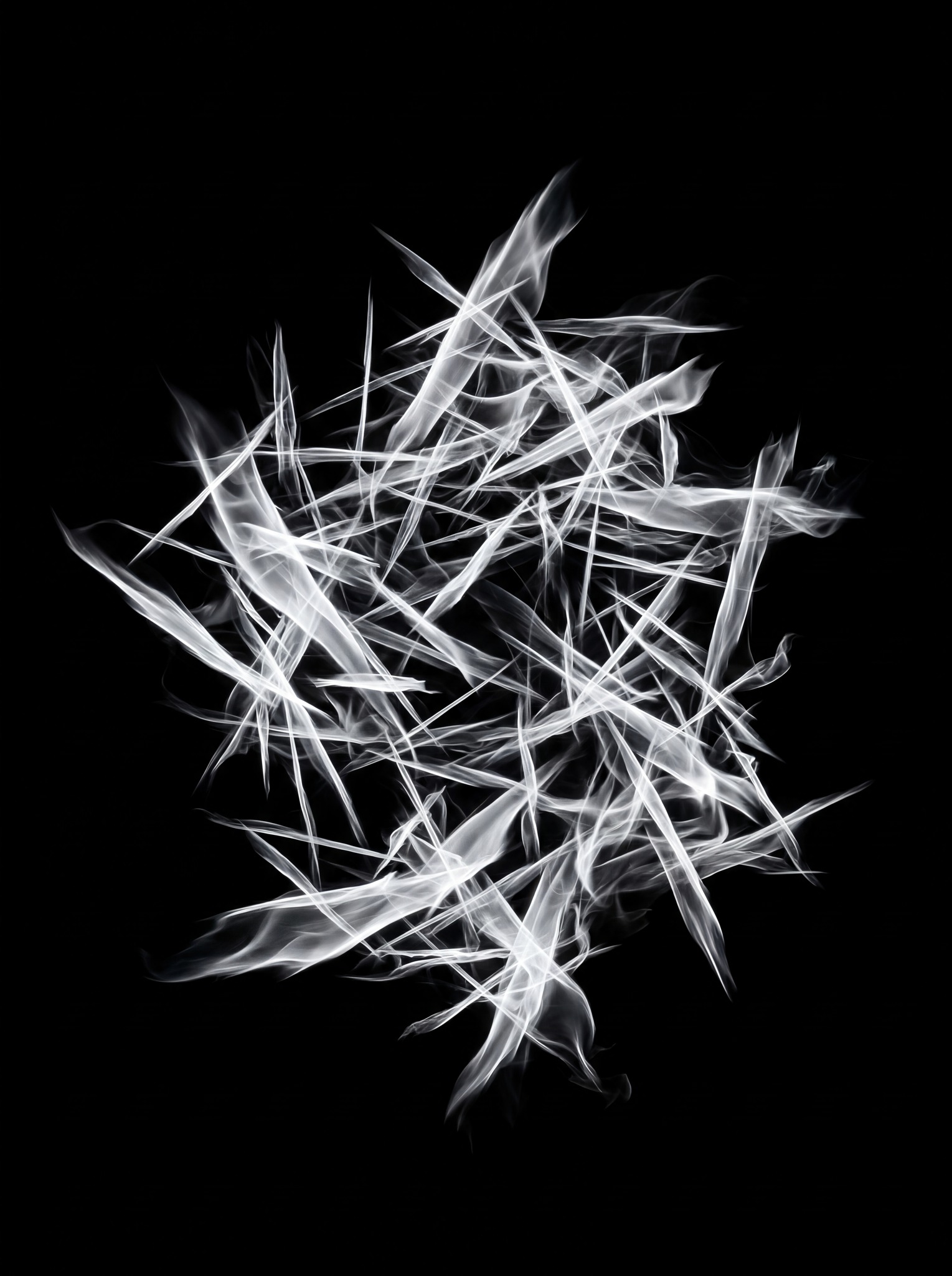 Sharp, white smoke elements arranged in a starburst fractal pattern against a black background.