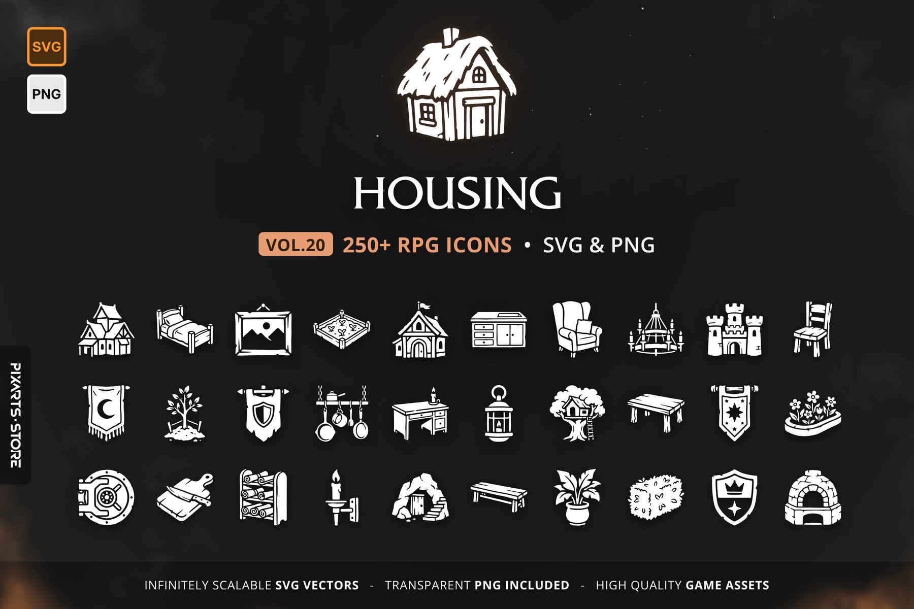 RPG Housing & Furniture Icons Vol.20 – 256 vector game icons: house exteriors, furniture, decorations, trophies, gardens, guild halls, kitchens and lighting, in SVG and PNG
