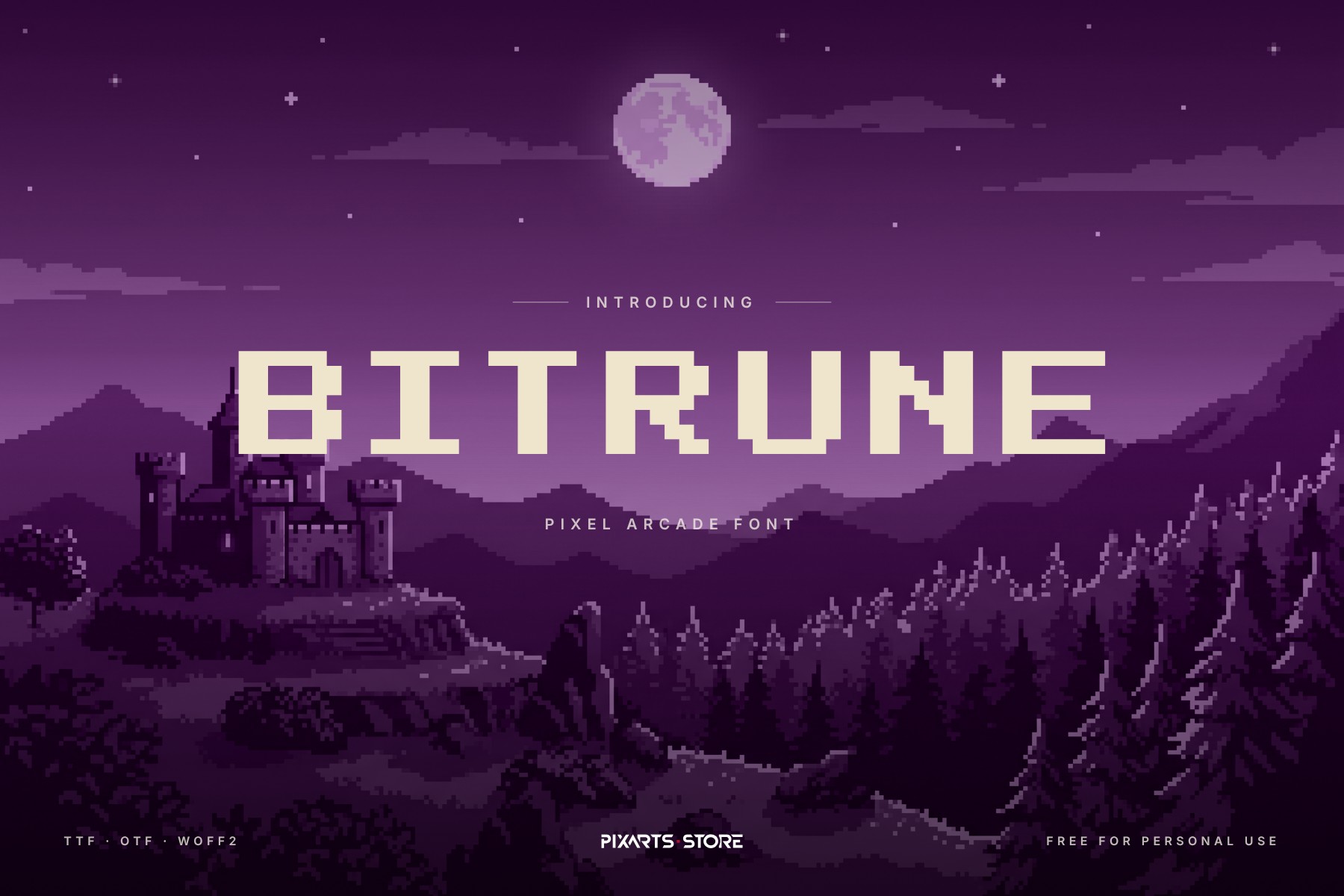 Bitrune pixel arcade font, title over a pixel art castle under the moon