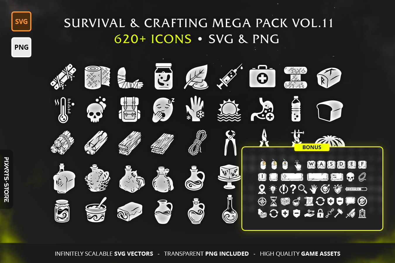Survival & Post-Apo Vol.11 - MEGA PACK containing 620+ vector game icons for crafting, UI, and zombie survival games in SVG and PNG format