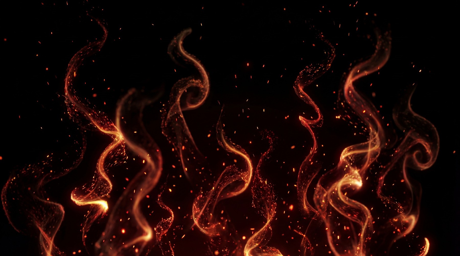 Orange and red fire wisps with scattered glowing embers against a black background.