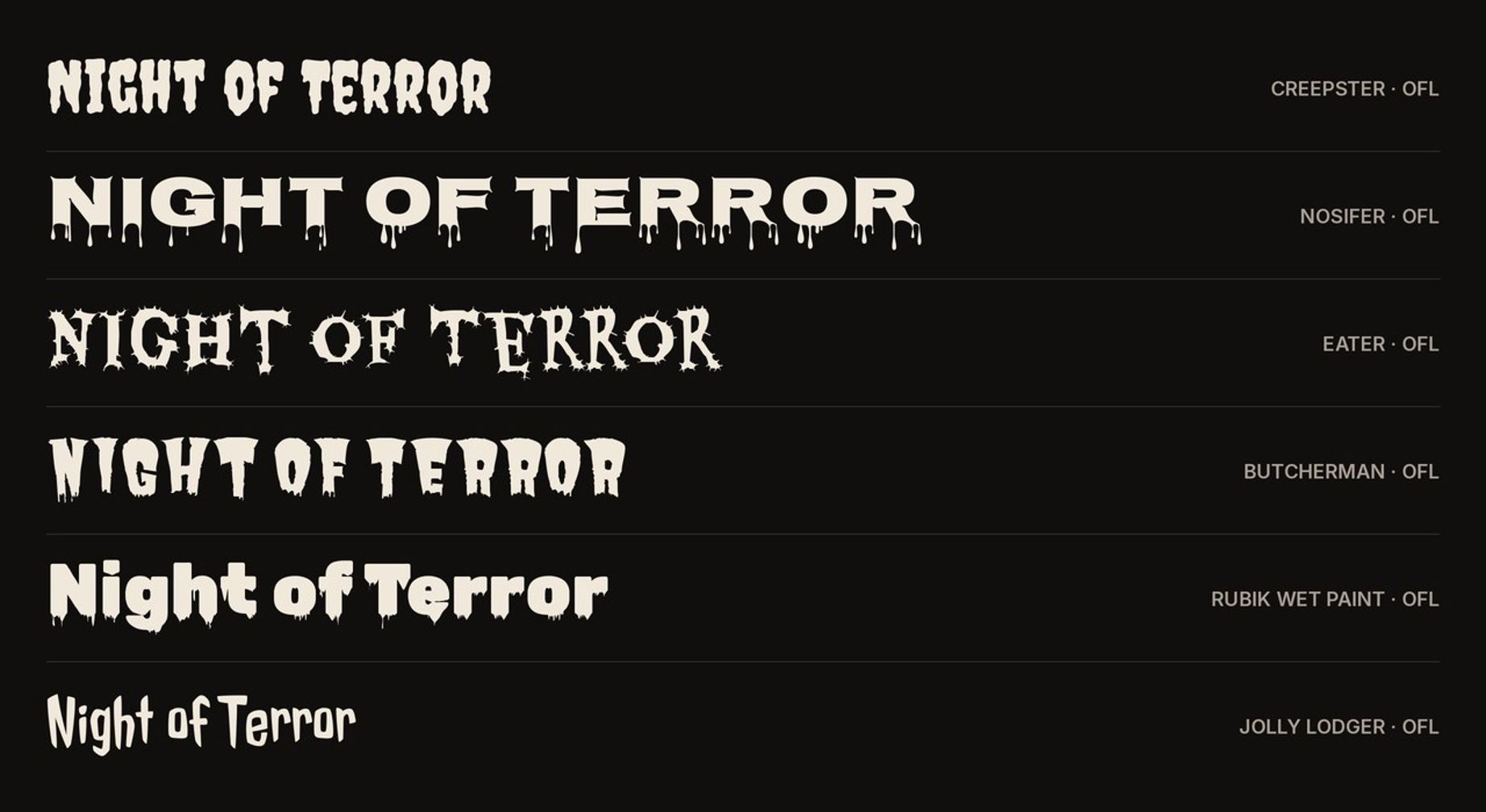 Six free horror Google Fonts compared: Creepster, Nosifer, Eater, Butcherman, Rubik Wet Paint and Jolly Lodger