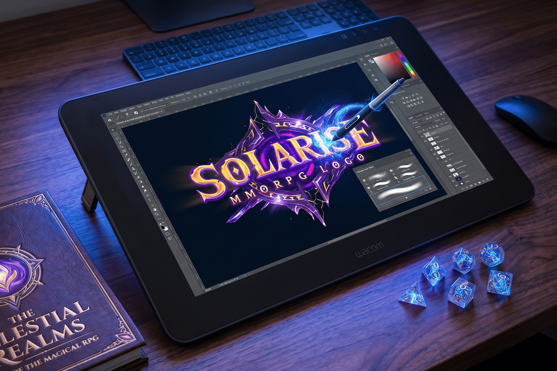 Game logo template being edited in Photoshop on tablet - celestial MMORPG logo design workflow