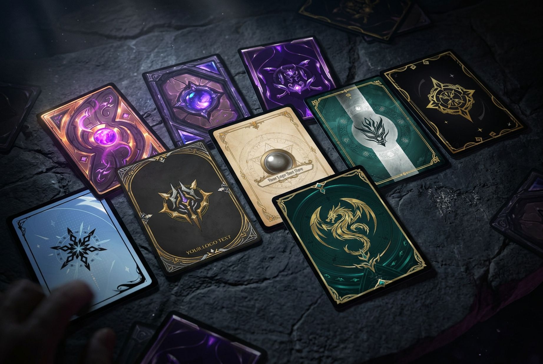 Trading card back designs showing different TCG styles — fantasy, dark gothic, void, oriental and anime aesthetics spread on a stone table