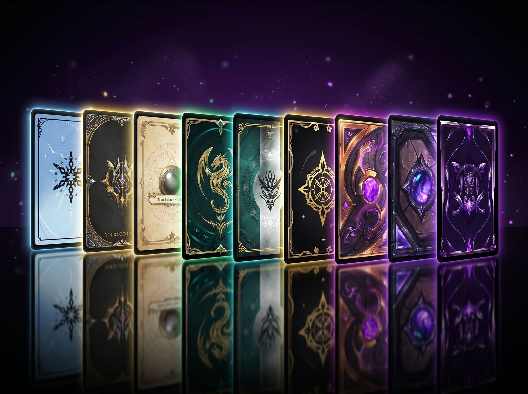 Premium MTG-style fantasy card template alternatives showing multiple dark fantasy and classic RPG styles for custom proxy and tabletop card games