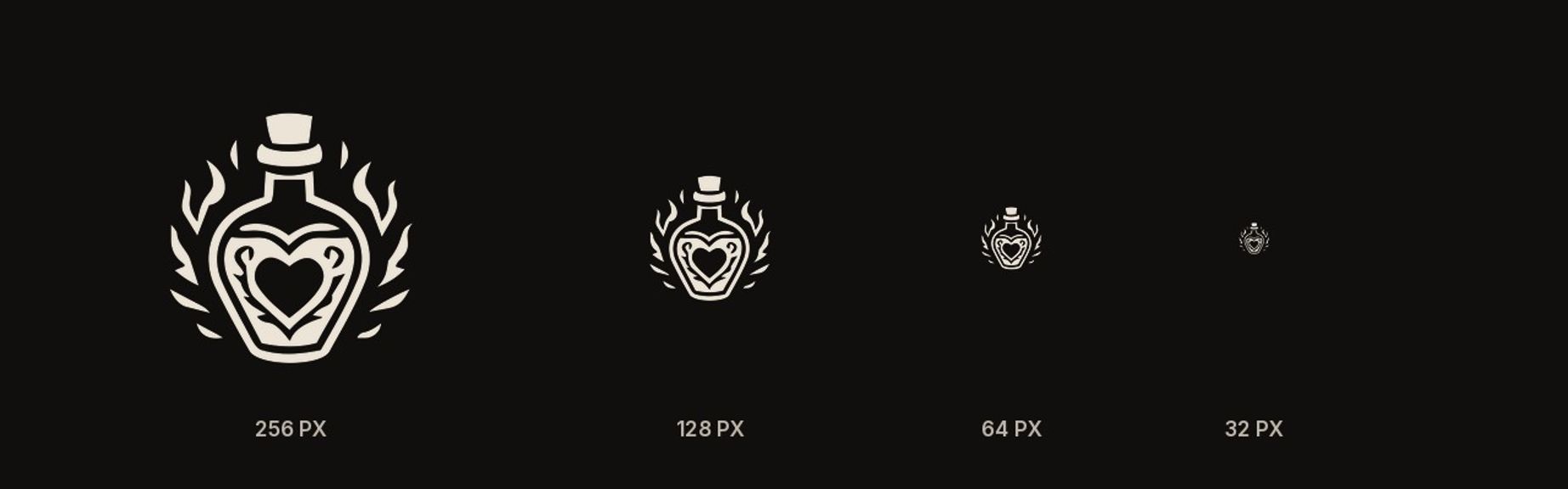 The same RPG potion icon at 256, 128, 64 and 32 pixels to show how detail is lost at small sizes