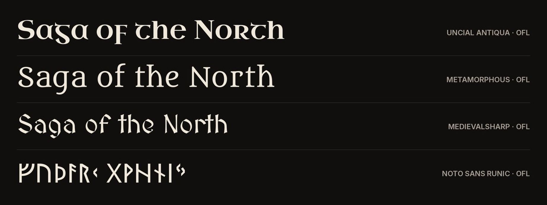 Free Norse Google Fonts compared: Uncial Antiqua, Metamorphous, MedievalSharp and Noto Sans Runic with Elder Futhark runes