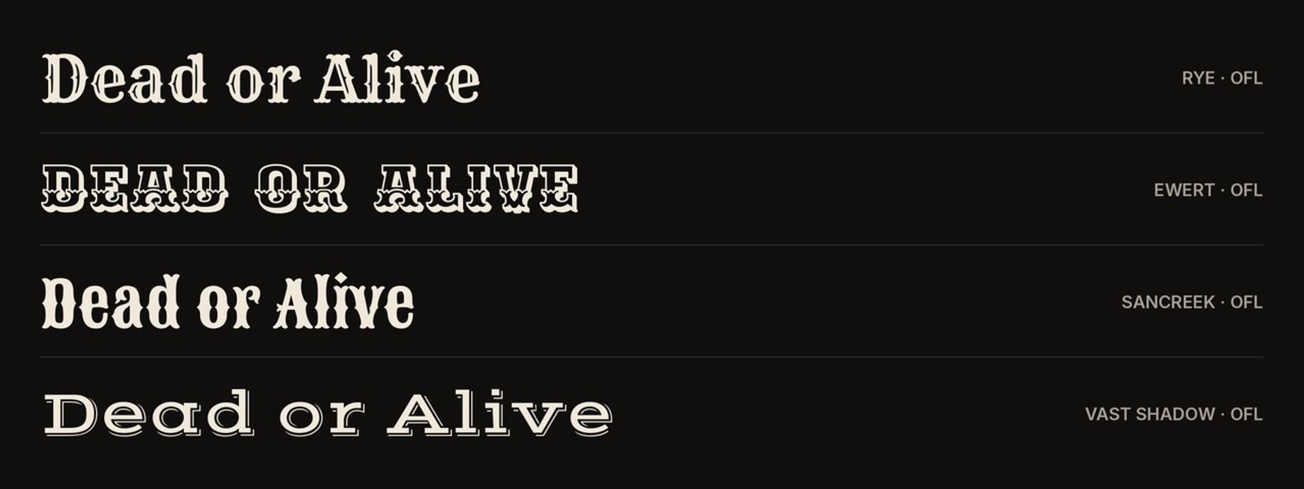 Four free western Google Fonts compared: Rye, Ewert, Sancreek and Vast Shadow