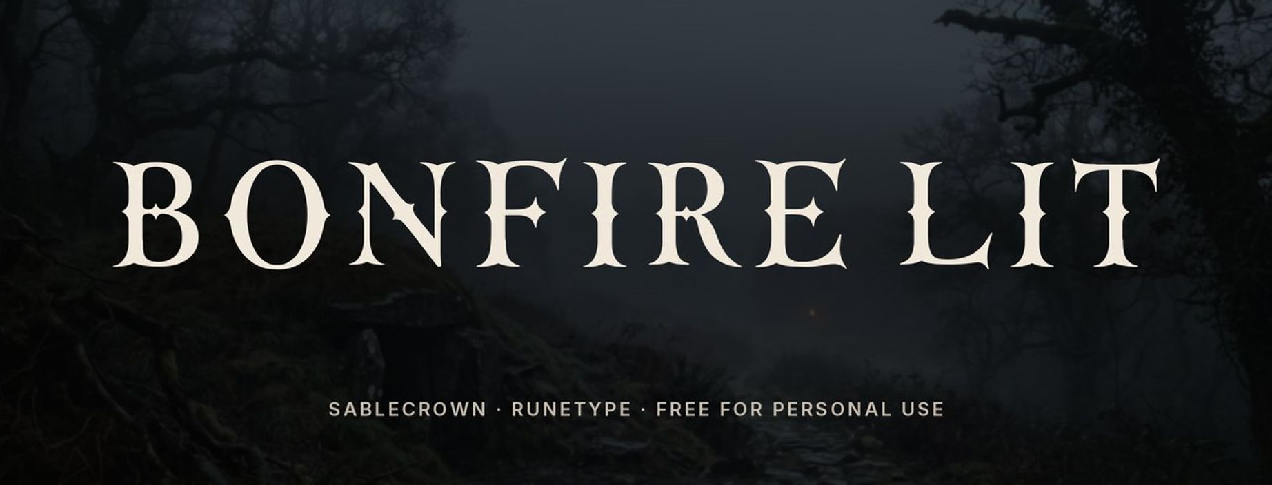 Sablecrown medieval serif font sample: Bonfire Lit in sharp medieval capitals on a misty forest background