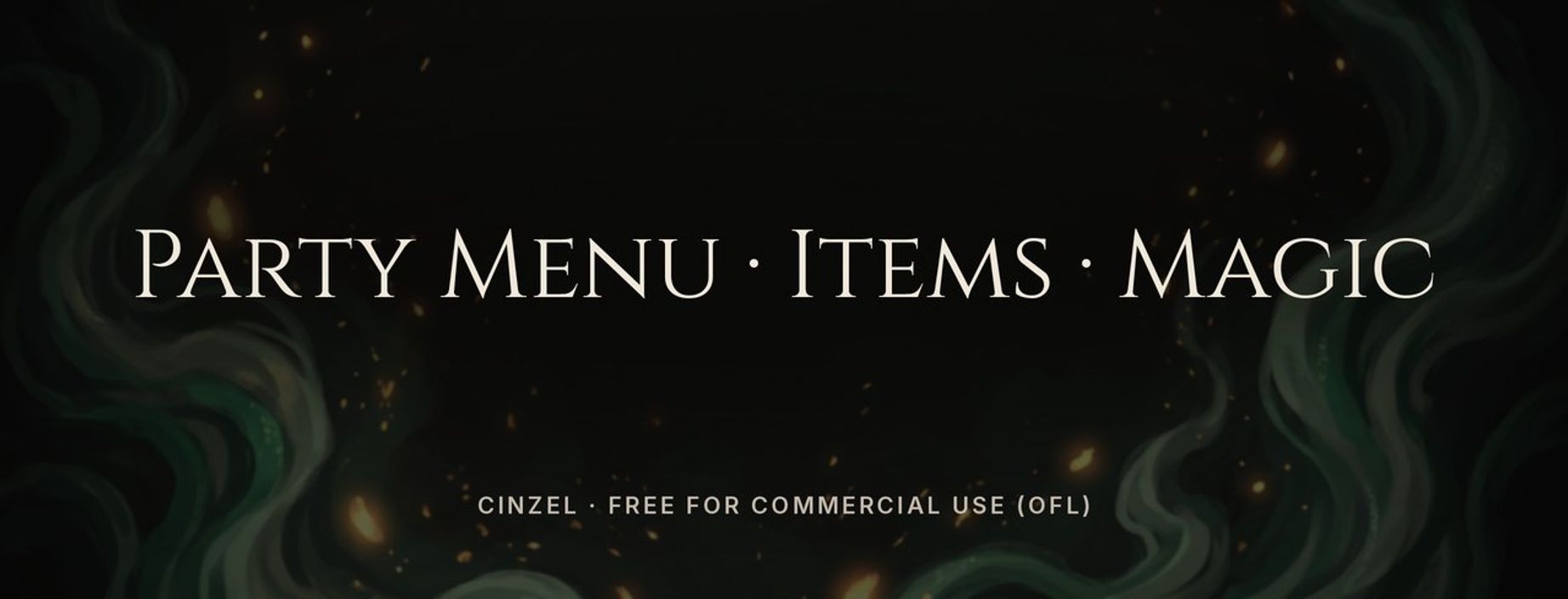 Cinzel font sample: Party Menu, Items, Magic in classic Roman capitals