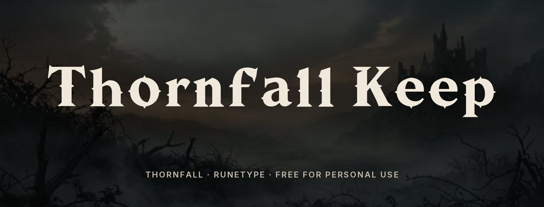 Thornfall medieval fantasy font sample: Thornfall Keep in spiked carved letters