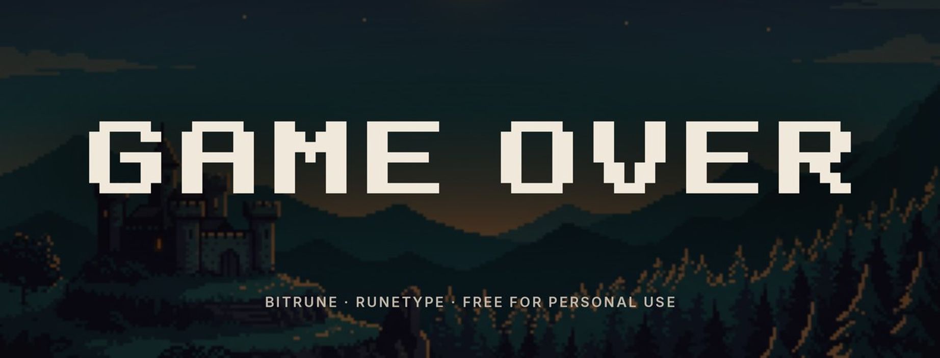 Bitrune pixel arcade font sample: GAME OVER in chunky pixel capitals