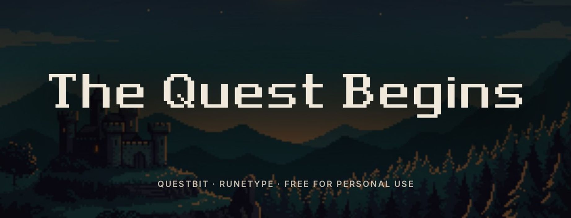 Questbit pixel RPG font sample: The Quest Begins in pixel letters over a pixel art castle