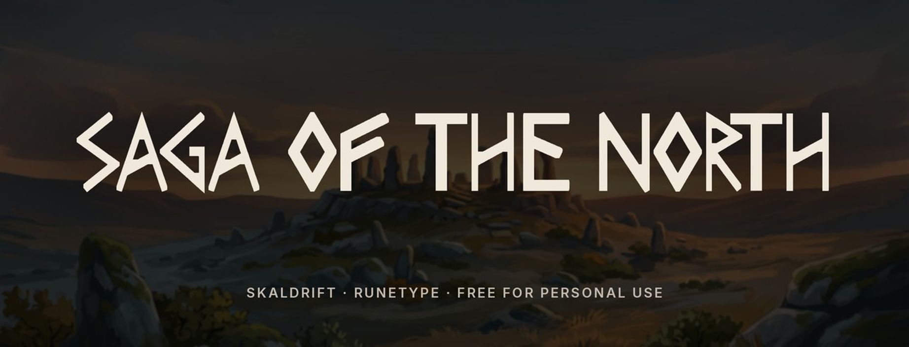 Skaldrift Viking font sample: SAGA OF THE NORTH in rune-inspired capitals