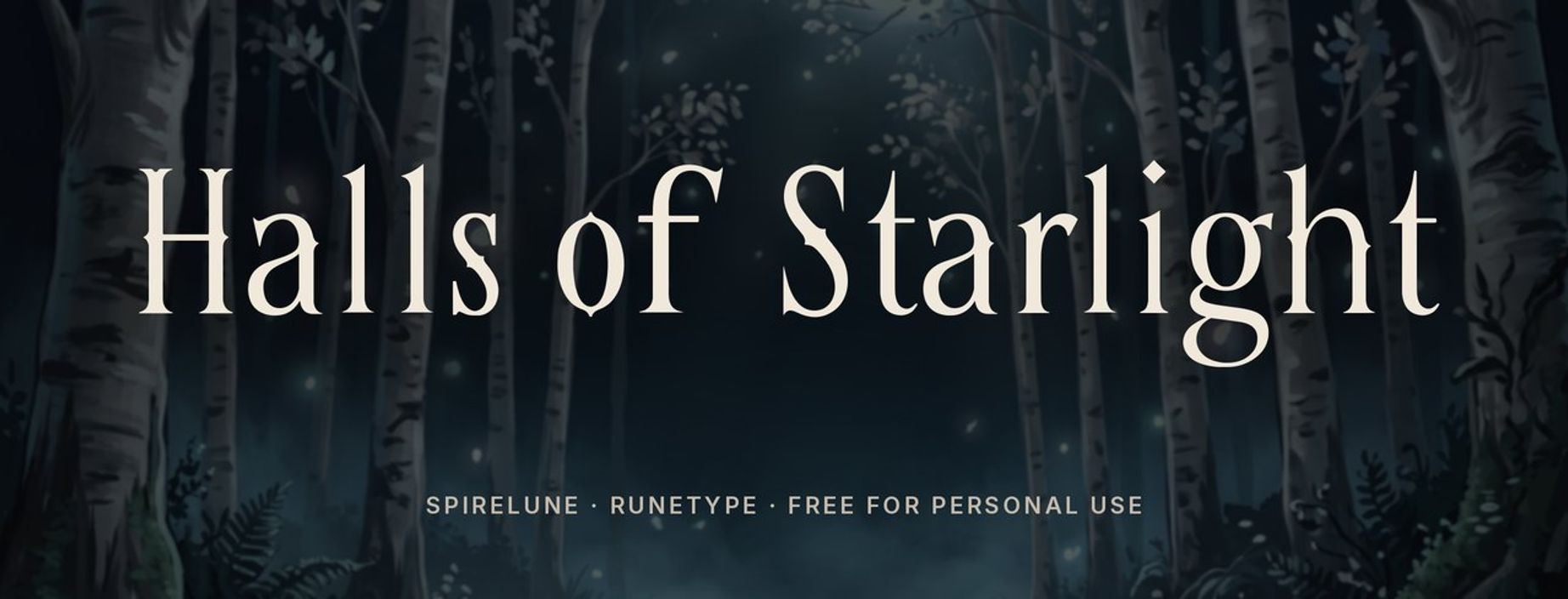 Spirelune fantasy font sample: Halls of Starlight in tall elegant letters