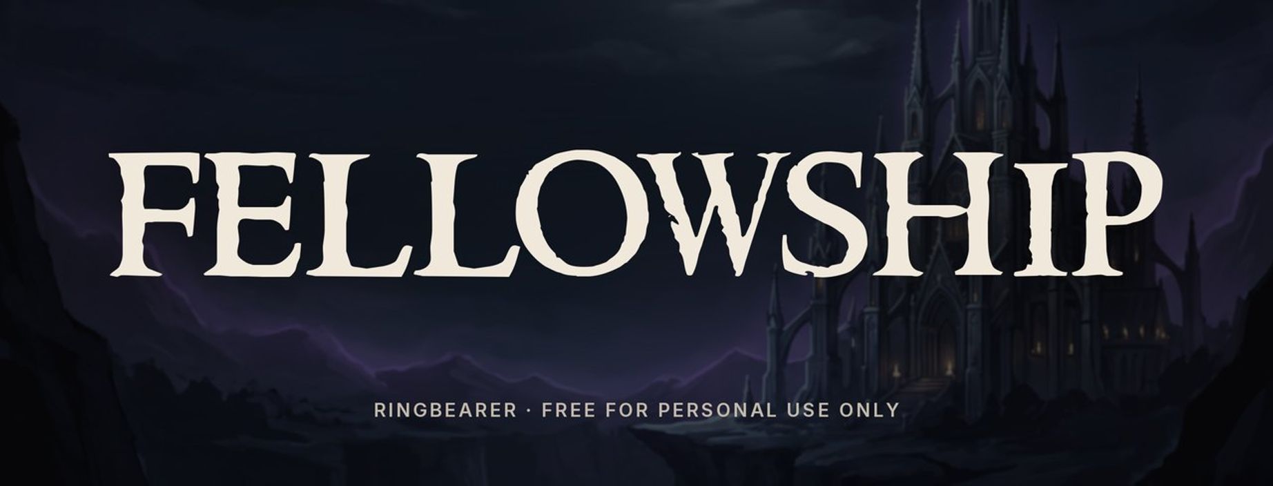 Ringbearer font sample: FELLOWSHIP in Lord of the Rings logo style letters