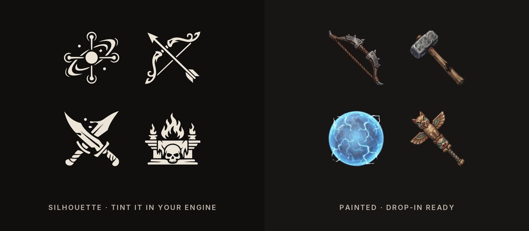 Comparison of white silhouette RPG icons and painted fantasy RPG weapon icons