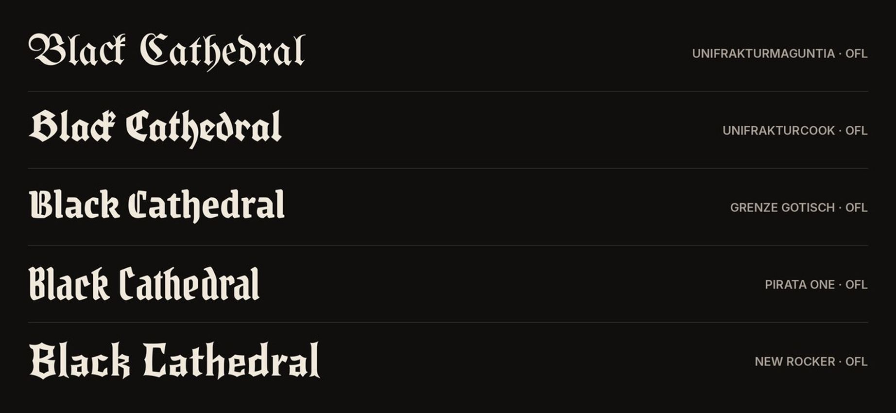 Five free blackletter Google Fonts compared: UnifrakturMaguntia, UnifrakturCook, Grenze Gotisch, Pirata One and New Rocker