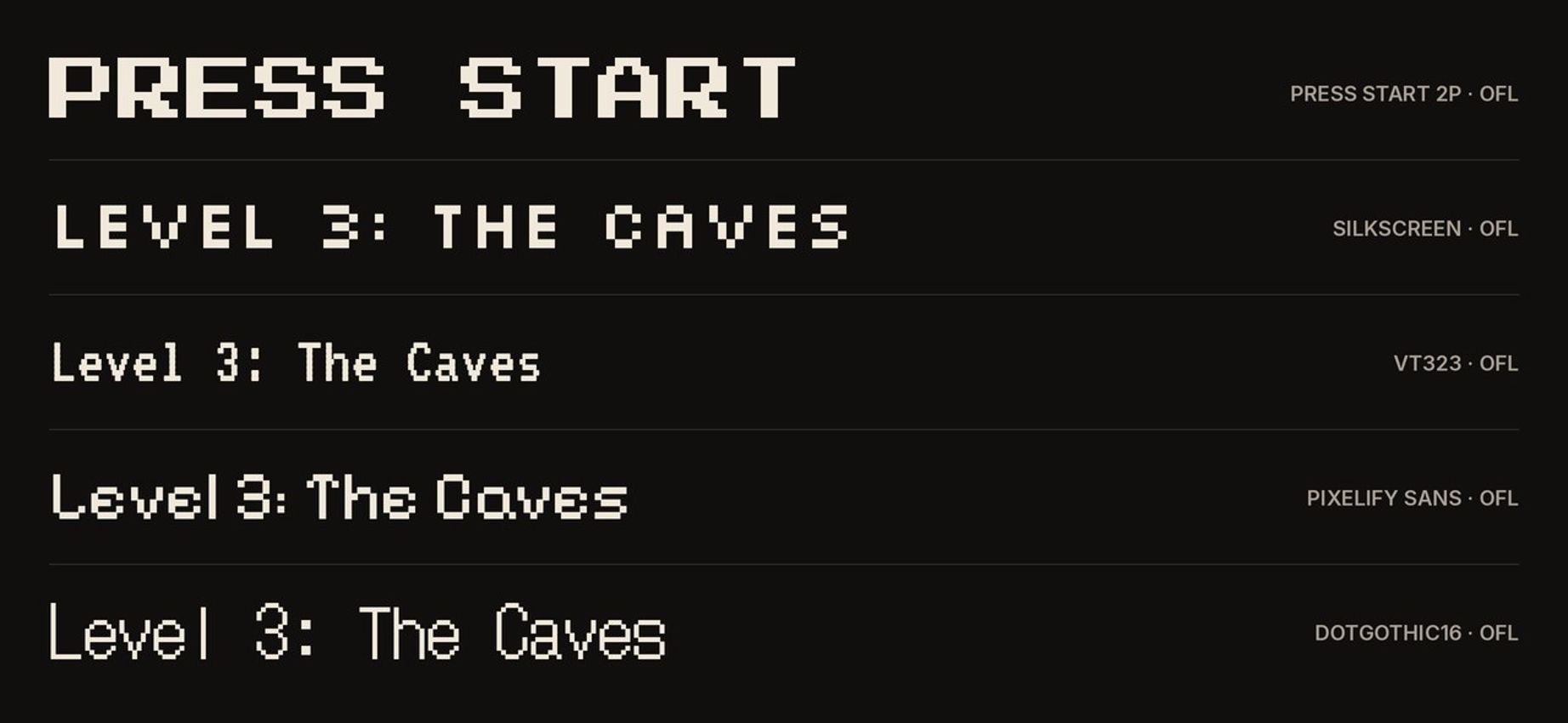 Five free pixel Google Fonts compared: Press Start 2P, Silkscreen, VT323, Pixelify Sans and DotGothic16