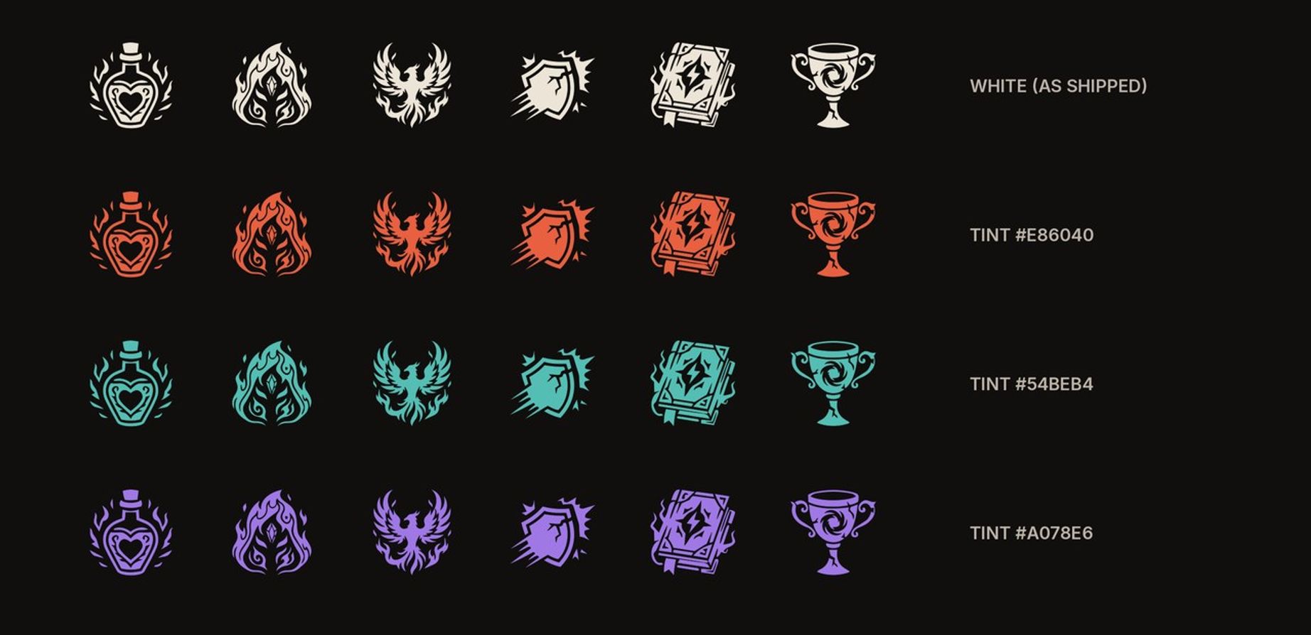 The same white RPG icons tinted orange, teal and purple to show recolouring in a game engine