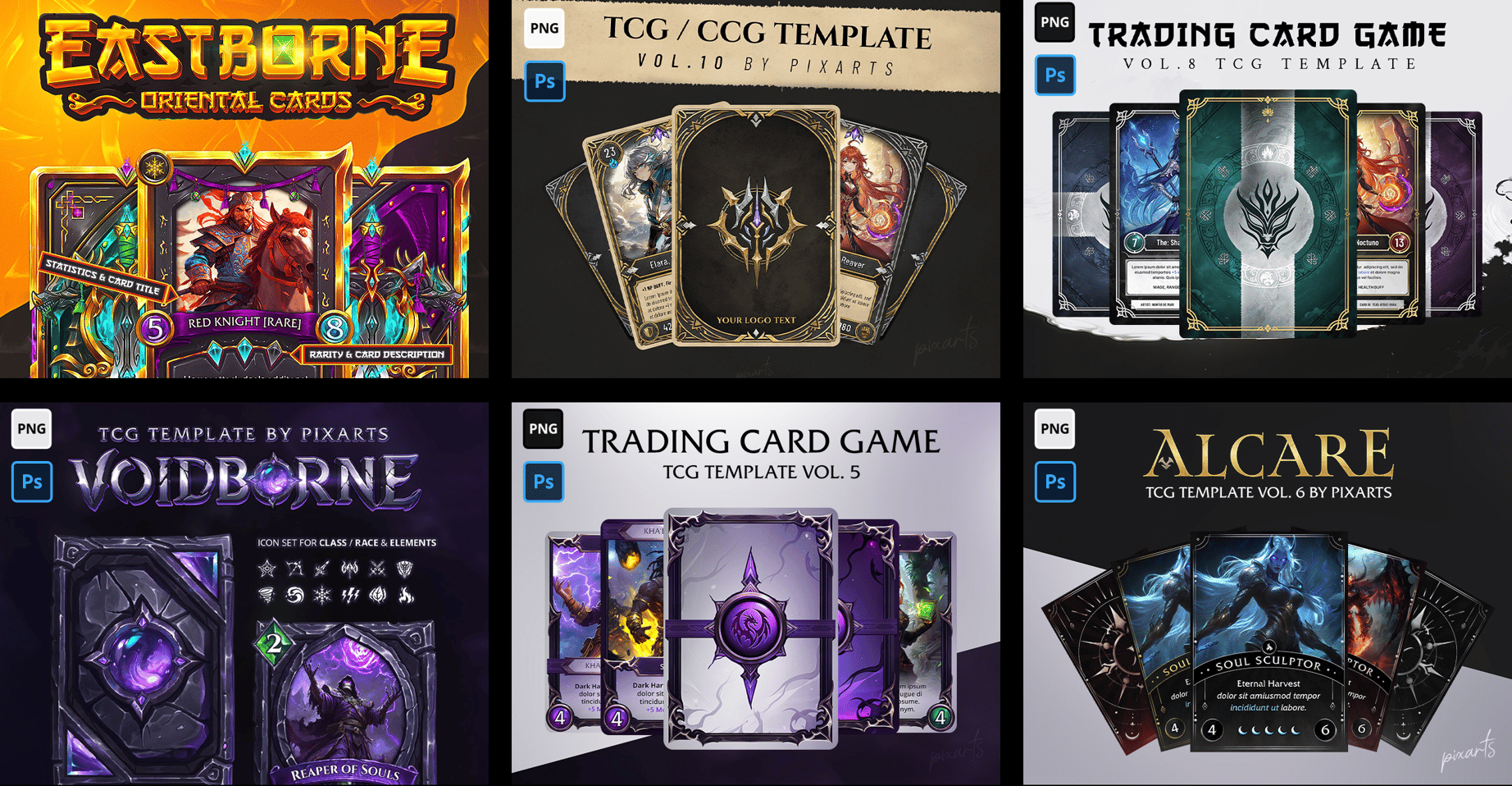 Premium trading card game templates collection showing multiple styles including oriental, dark fantasy, anime and void designs