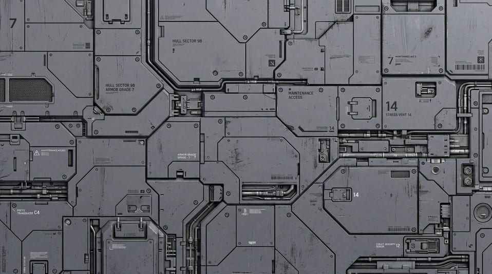 High resolution industrial bulkhead panel with mechanical conduits, heavy plating, and surface scratches.